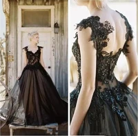 vintage black a line tulle wedding dress long 2020 lace appliques beaded sexy backless gothic corset bridal gowns vestidos