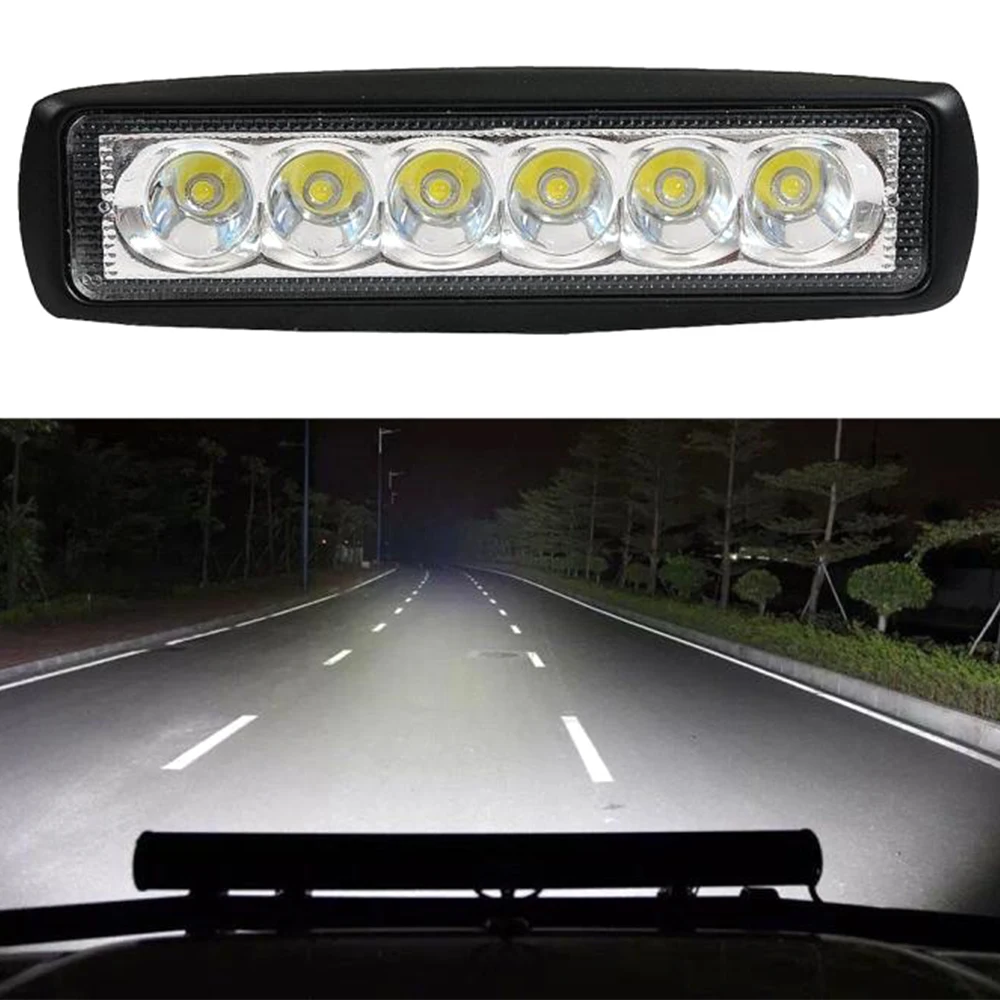 

18W 12V LED Strip Beam Auto Work Light Bar 6Led Spotlight Lamp Driving Fog Offroad White Car Lights Moto Fog Lamps SUV 4WD