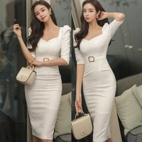 2022 spring and summer new korean v neck ol temperament slim fit middle sleeve wrap hip middle long fashion professional dress