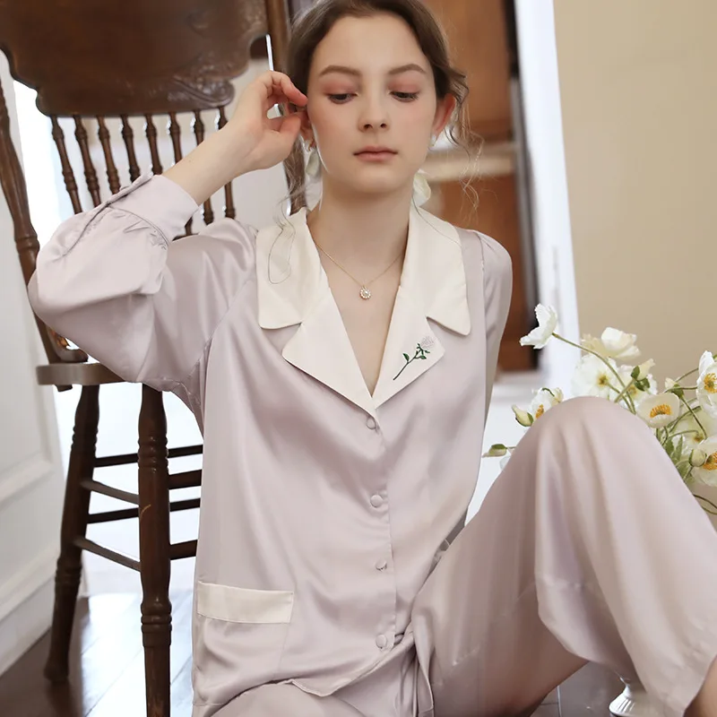 

Autumn French Vintage Ice Silk Satin Pajamas Women Long Sleeve Trouser Suits Thin Loose Lapel Embroidered Home Clothes 2 Piece