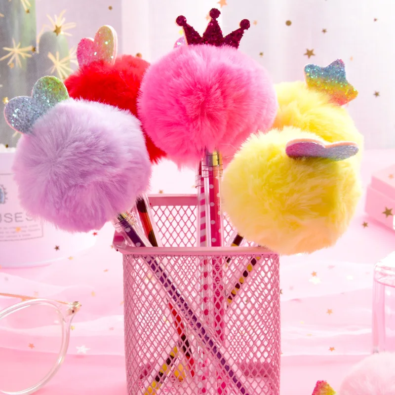

24PCS Creative Fur Ball Pendant Stationery Cute Plush Color Pen Student Gel Pen 0.5mm Water Pen Hand Pen