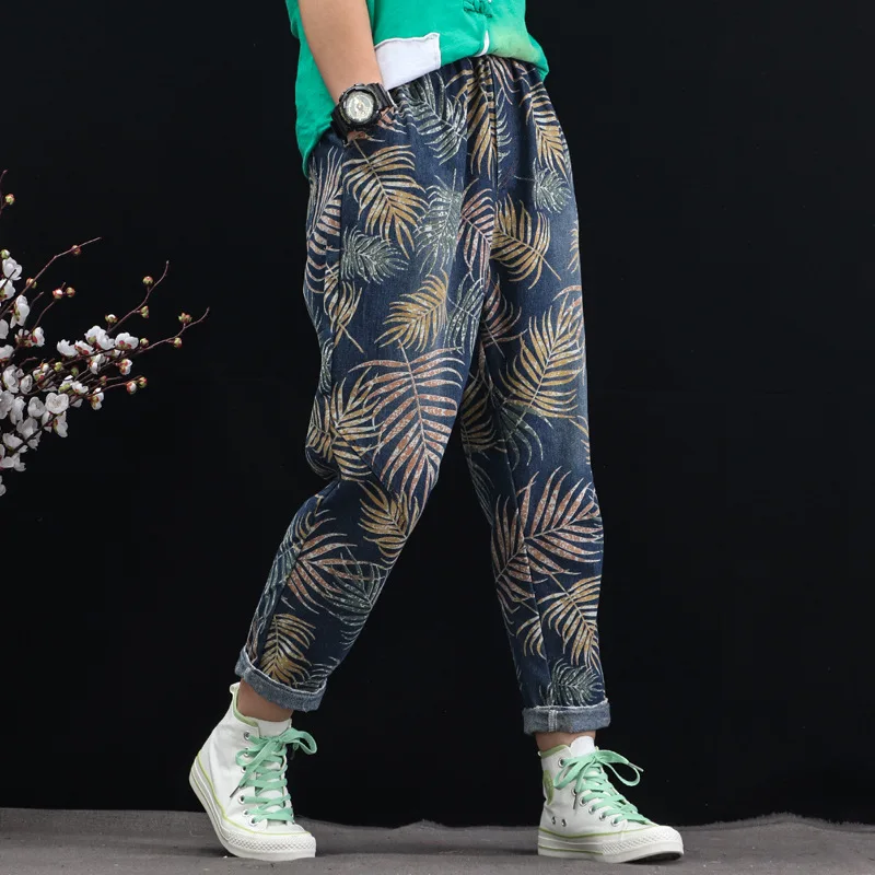 Женские джинсы с принтом винтажные свободные широкие эластичной резинкой на