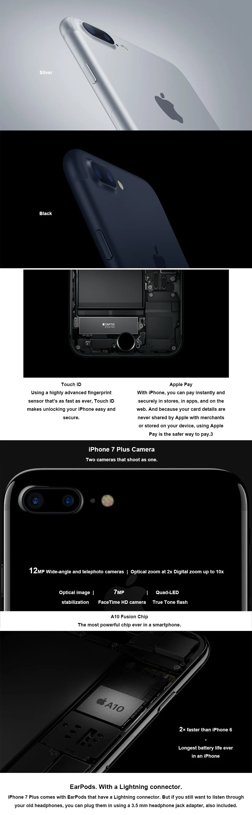 Apple iPhone 7 Plus 5," 3 ГБ ОЗУ 32/128/256 Гб ПЗУ четырехъядерный IOS 12.0MP iPhone7P отпечаток пальца 4G LTE мобильный телефон