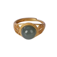 925 sterling silver gold plated natural hetian jade qiemo blue ring vintage hollow womens open ring