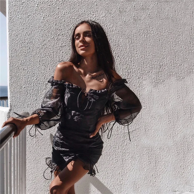 Однотонное кружевное мини-платье Draswtring женское ажурное платье-футляр с