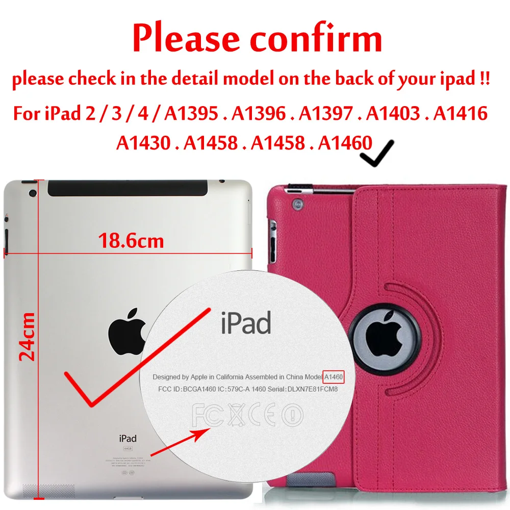 Rose red Для iPad2/iPad3/iPad4 из искусственной кожи вращающийся на 360 умный чехол-подставка для iPad 2/iPad 3/iPad 4 чехол для планшета Funda - Цвет: Rose red