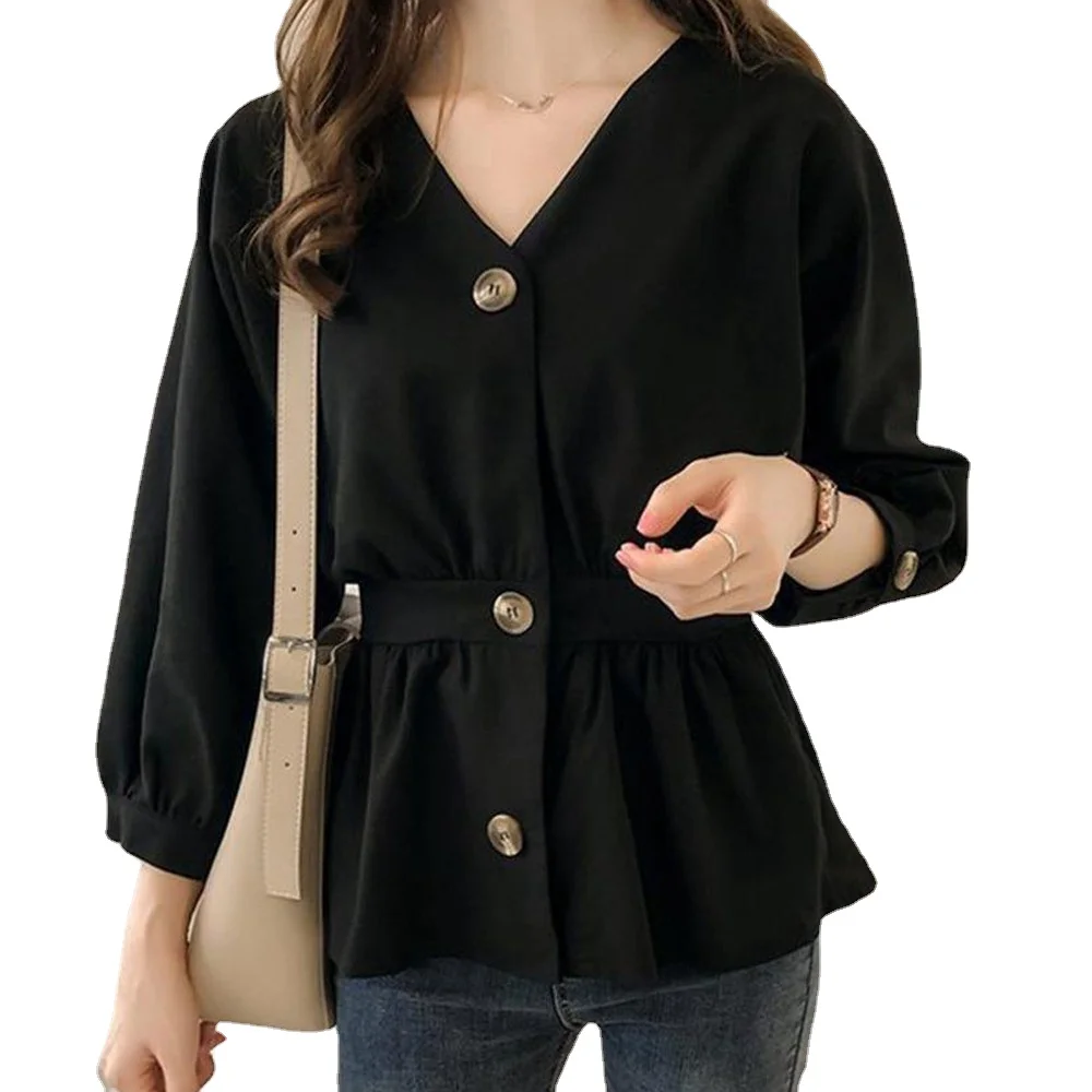 

New Arrival Womens V Neck Long Sleeve Blouse Graphic Print Button High Waist Plain Slim Casual Comfortable Store