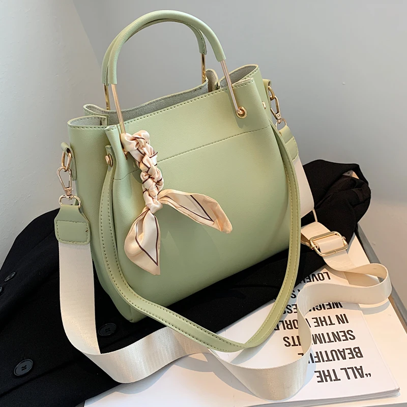 

Silk Scarf Small PU Leather Crossbody Shoulder Bag for Women 2021 Fashion Simple Handbags and Purses Female Travel Totes Green