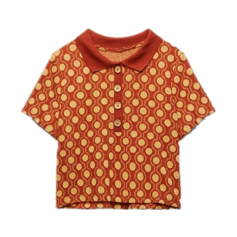 

Женская Винтажная футболка в горошек, Повседневная футболка с коротким рукавом и отложным воротником, лето 2021