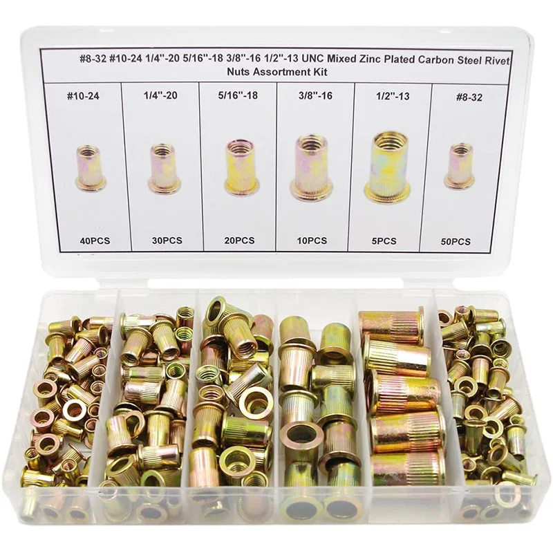 

Mixed Zinc Plated Carbon Steel Rivet Nuts Assortment Kit, Rivet Nut Threaded Flat Head Insert Nutsert(155 Pcs)