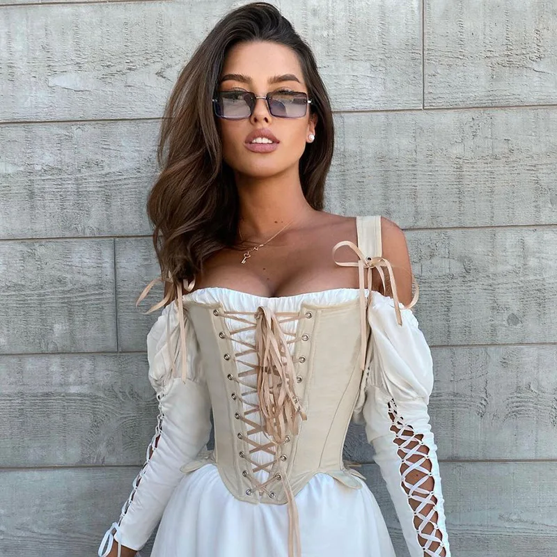 

Elegant Fashion Bandage Lace Up Corset Crop Tops for Women Sleeveless Backless Boned Sexy Top Cropped Club Party