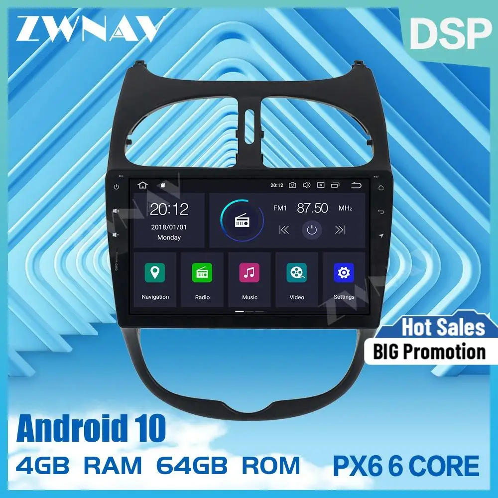 Автомобильный DVD стерео Мультимедийный Плеер PX6 4G + 64G Android 10 0 для Peugeot 206 2000 2016 радио