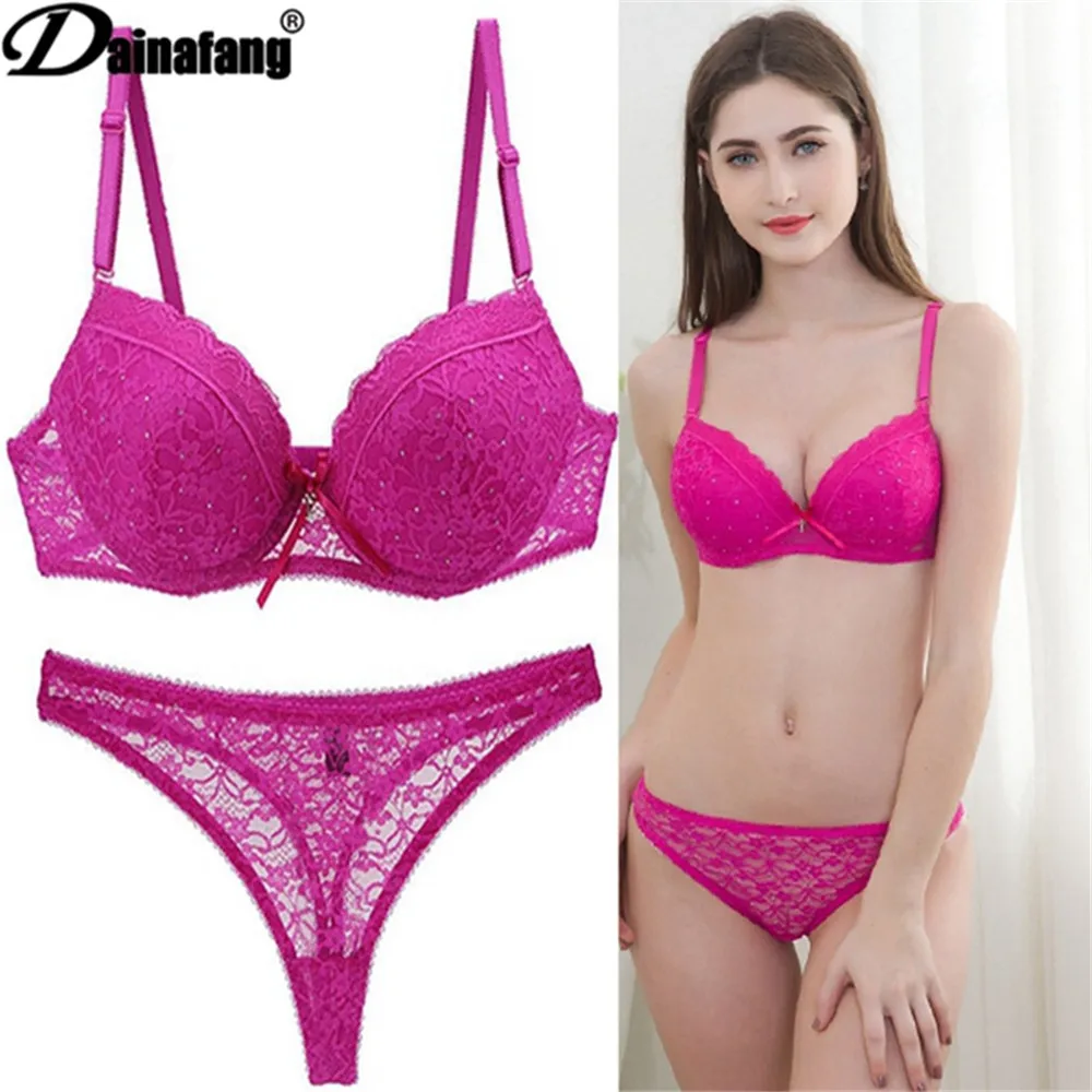 

DaiNaFang Women Lace Bra Set with Thong Sexy Underwear Set Push up Style Hollow 3/4 Cup Brassiere Bottom Set