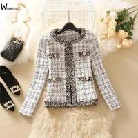 kurta for women cropped tweed coat vintage o neck open stitch tassel slim plaid jacket korean blends wool outwear tops female