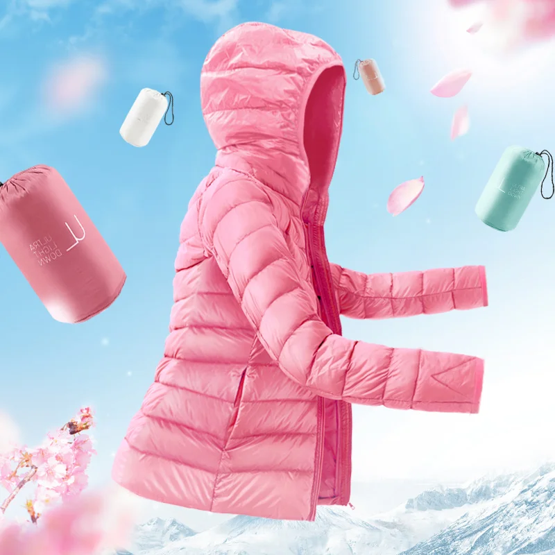 Женский сверхлегкий пуховик с капюшоном размера плюс теплый тонкий длинным