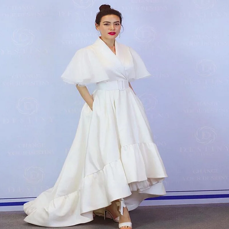 

Foreign trade new style mopping long skirt fashion sexy mid-waist white solid color V-neck dress