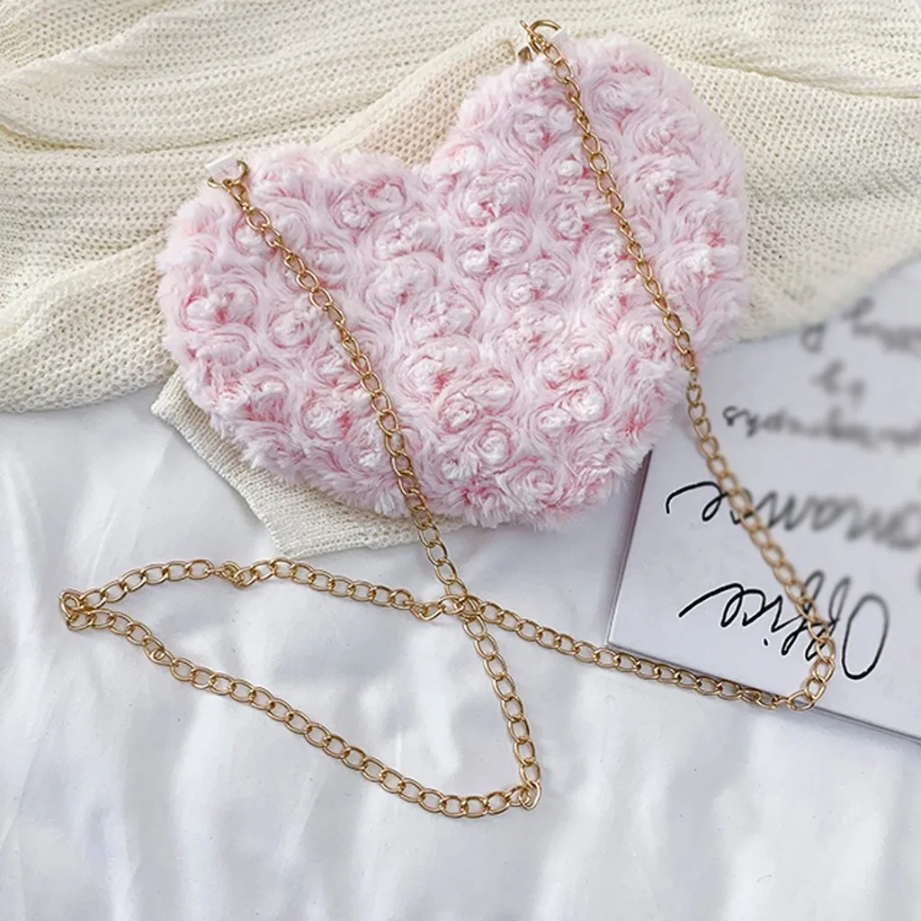 

2020 Fashion Heart-Shaped Shoulder Bag Women Solid Color Plush Messenger Bag Crossbody Packs For Girls Sweet Zipper Phone Purse