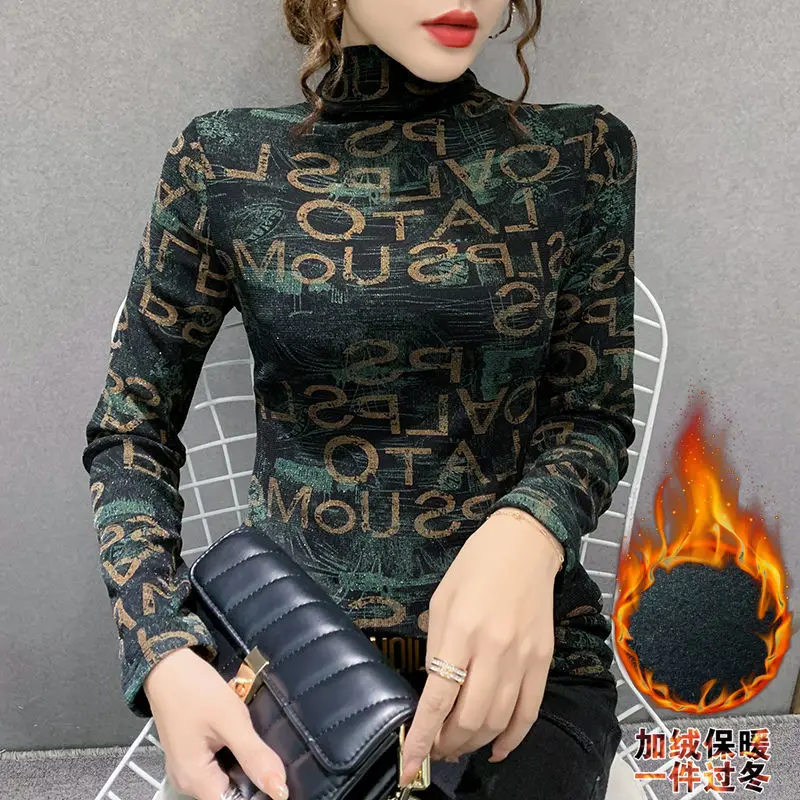 

High Collar Plus Velvet Warm Bottoming Shirt Women's 2021Autumn and Winter New Print Mesh Long Sleeve Inner Top