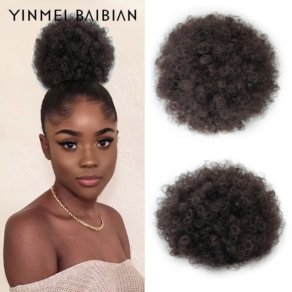 

6inch Short Afro Puff Synthetic Hair Bun Chignon Hairpiece For Women Drawstring Ponytail Kinky Curly Updo Clip Hair Extensions