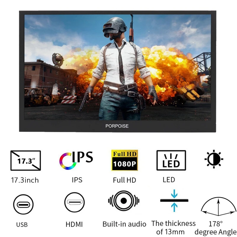Морская свинья 17 3 дюймов USB-C Портативный 1080P IPS LED монитор для PS3 PS4 Xbox360