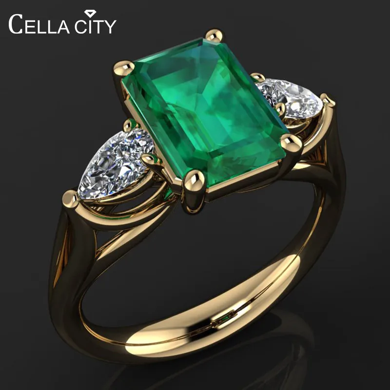 

Cellacity Gold Color Ring for Women Silver 925 Jewelry with Rectangle Emerald Gemstones Geometry Design Female Anniversary Gift