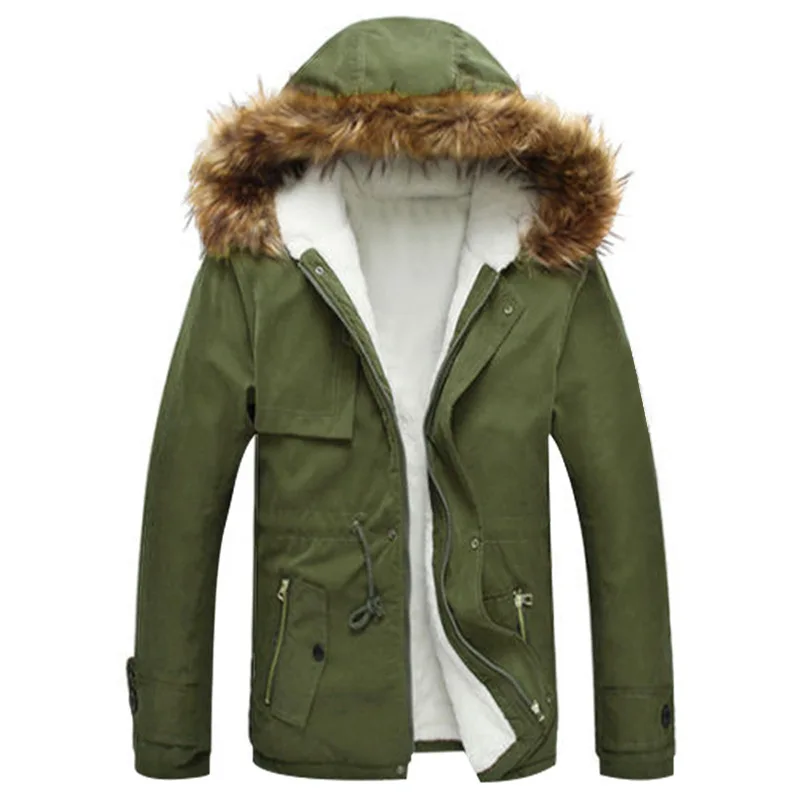 

Winter New Men's Parka Medium Length Fur Collar Hooded Zipper Pocket Thick Warm Wind Proof Casual Male Coat