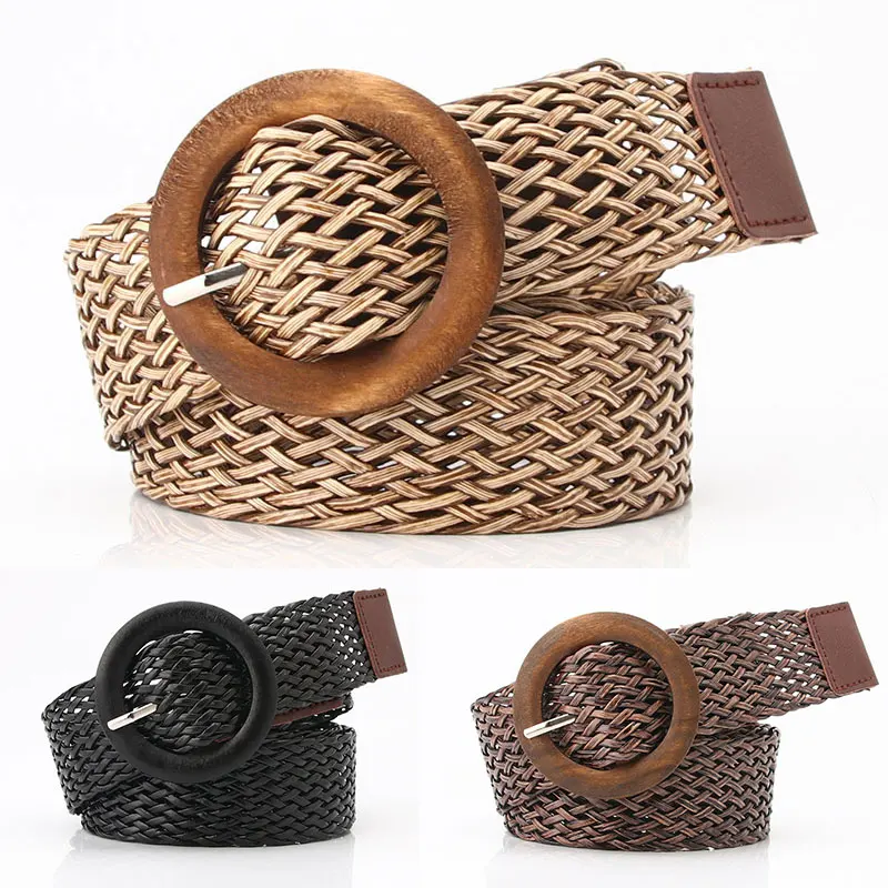 

Boho Braided Waist Belt Black Coffee Round Plastic Wooden Smooth Buckle Fake Straw Wide Belts For Women