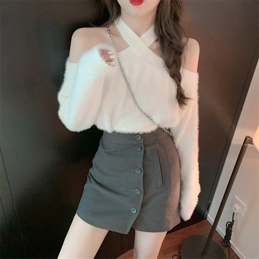 

Halter Neck Sweater Women Long Sleeve Elegant Off Shoulder Sweaters Knitted Pullover High Street Pull Femme