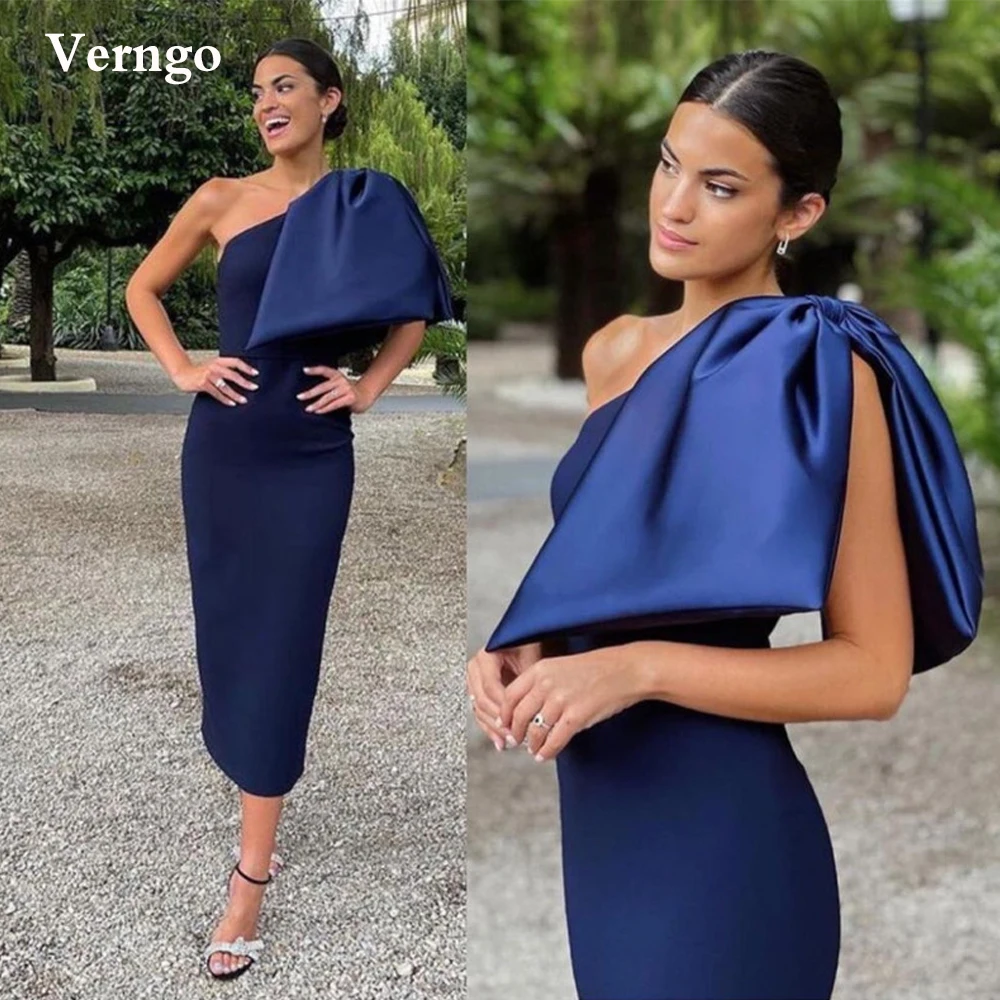 

Verngo Navy Blue Satin Formal Evening Gowns With Big Bowknot One Shoulder Tea Length Women Party Dresses Custom Made Modern