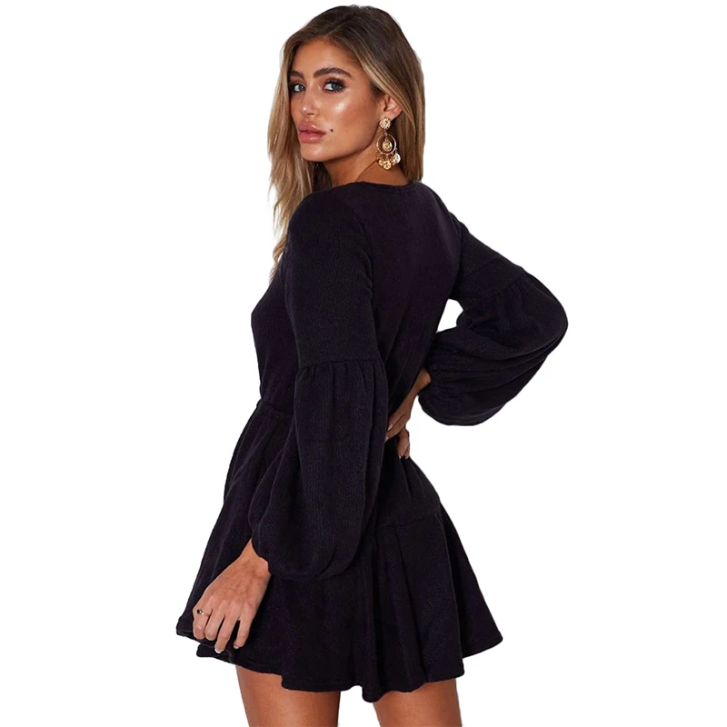 Весна осень длинный Пышный рукав вязаный свитер платья для женщин глубокий v