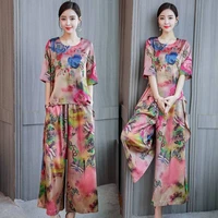 imitation ice silk retro printing suit female plus size culottes summer loose short sleeved mothers fashion two piece suit