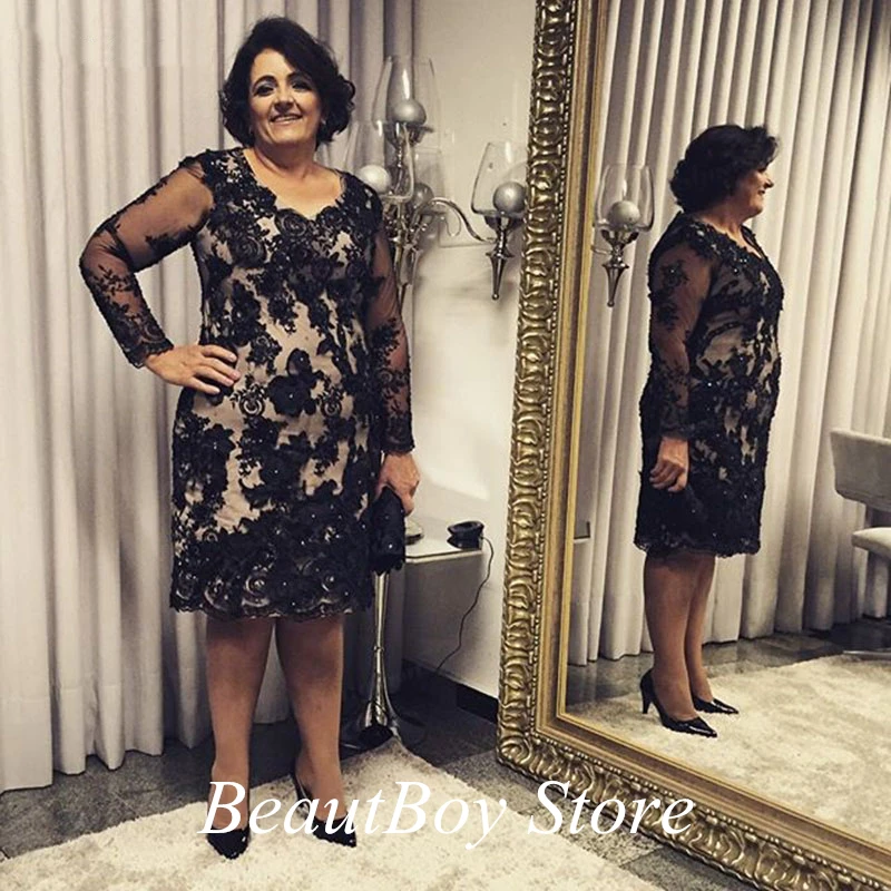 

Платье для матери невесты с черной кружевной аппликацией, женское свадебное платье до колена с V-образным вырезом, вечернее платье с длинным рукавом السالسالسالس