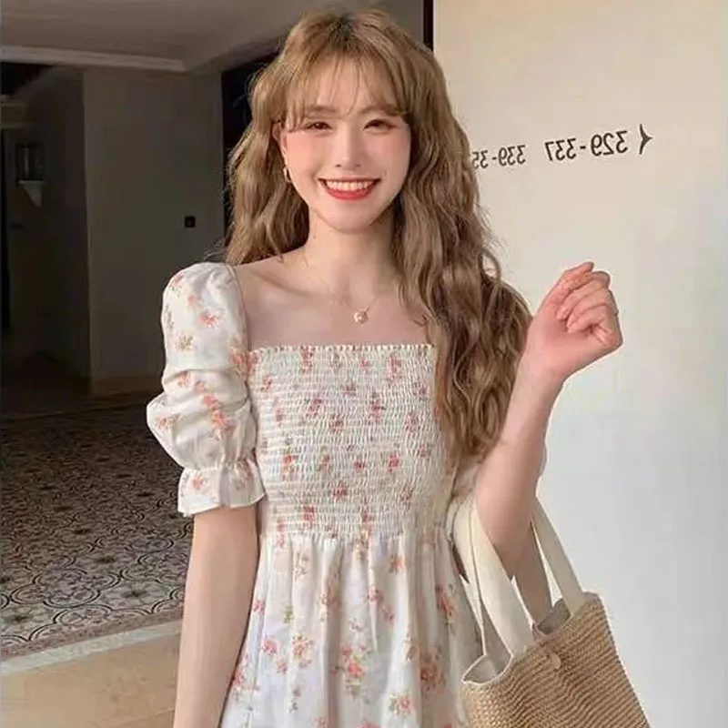 

One Piece Dress Korean Square Collar Elegant Midi Dress Women Short Sleeve Design Sweet Casual Floral Dress Beach 2021 Summer