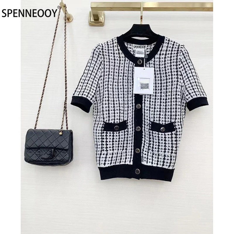 

SPENNEOOY Designer Brand Autumn Short Sleeve Knitting Cardigan Women Single-Breasted Houndstooth Sweater Jackets