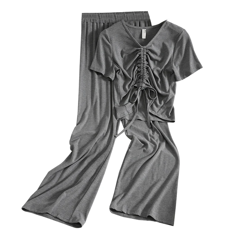 

YIZZHOY Summer New Arrival Women Casual Shirring Solid V-neck Slim Short Top High Waist Long Wide-leg Pants Lady Two Piece Set