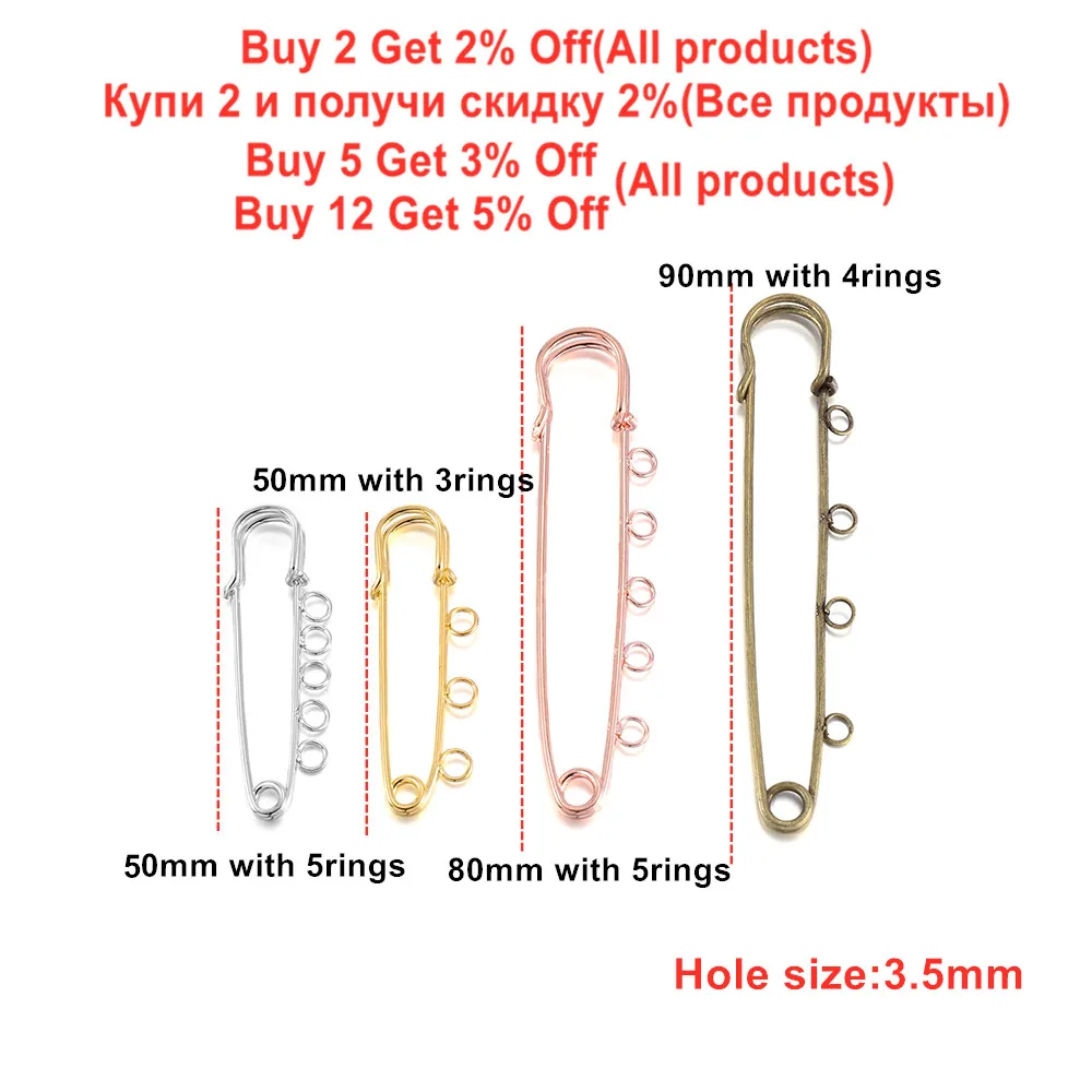 

10pcs/lot Safety Pins Brooch Blank Base 50/80/90mm 3/5 Rings Jewelry Pin for Making Supplies Accessorie