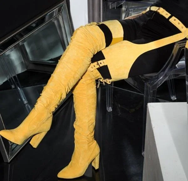 Red Yellow Black Suede Woman Pointed Toe Over The Knee Buckles Sexy Pants Belts Boots High Heel Square Toe Long Boots Lady