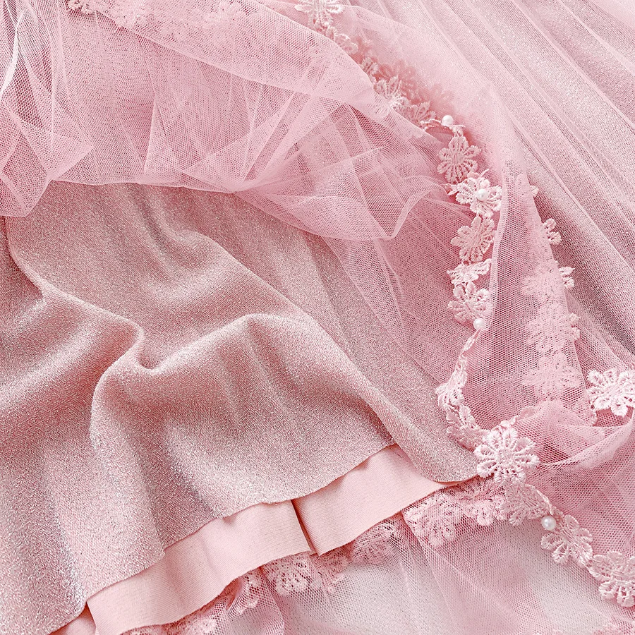 

New Fashion Fairy Sweet Pink Skirts Summer Elastic Tutu Princess Midi Skirt 2020 New Embroidered Beaded Lace Skirt Black Jupe