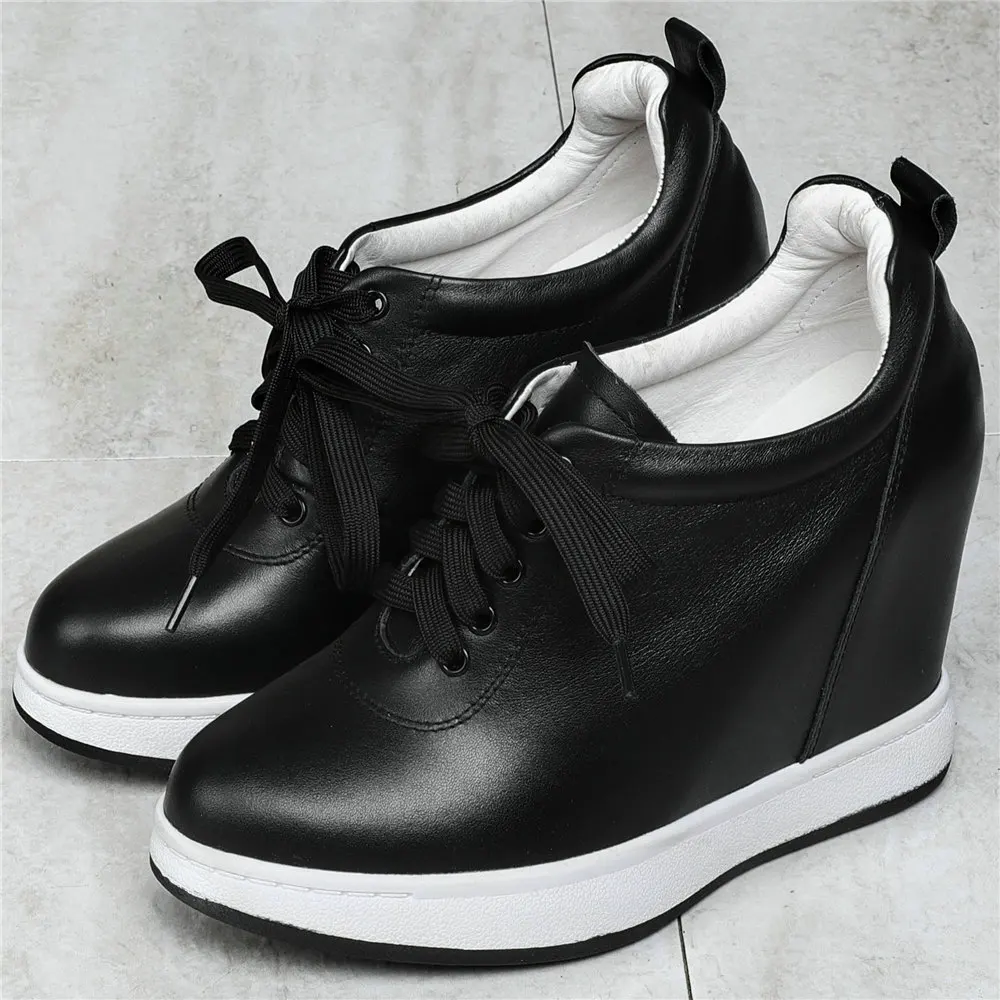 11cm High Heel Platform Oxfords Women Lace Up Genuine Leather Wedges Ankle Boots Female Round Toe Fashion Sneakers Casual Shoes