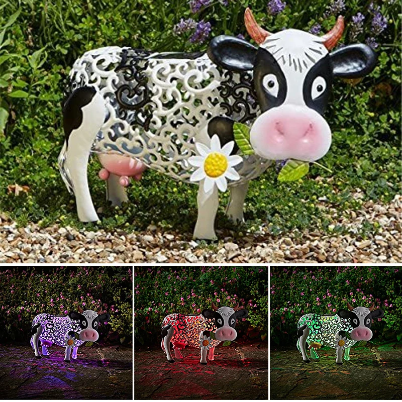 Luz alimentada por energ&iacute;a Solar de vaca con luces LED, escultura de resina de Animal de Metal para jard&iacute;n, decoraci&oacute;n de c&eacute;sped al aire libre, regalo de casa SEC88-0