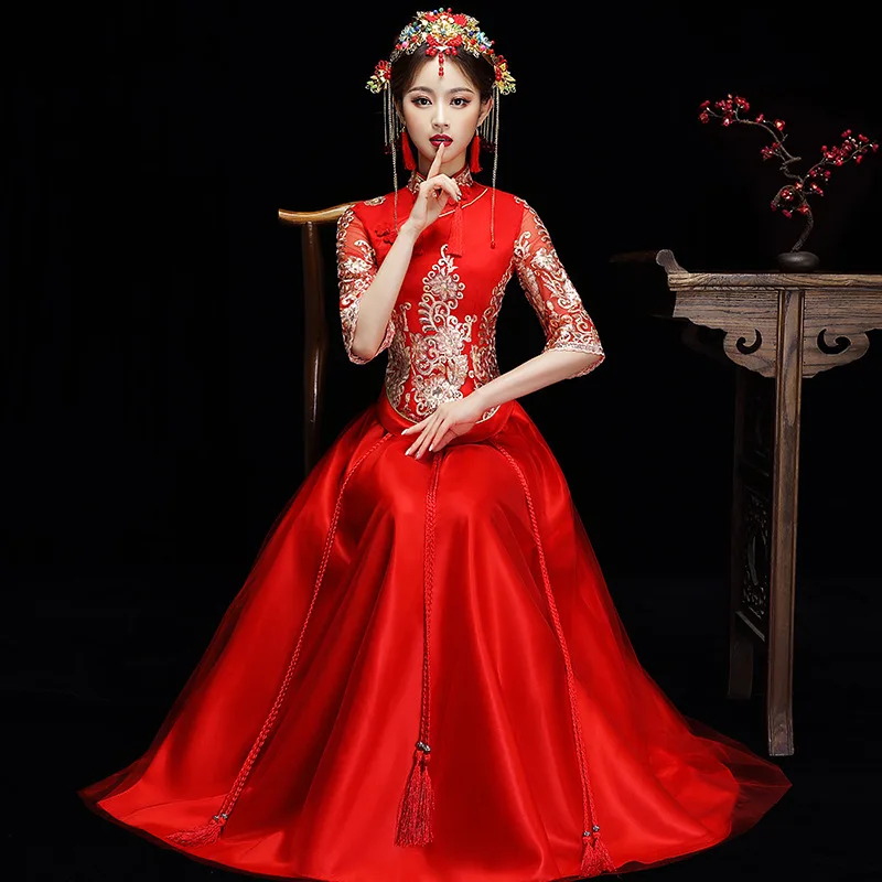 Высококачественное традиционное китайское свадебное платье с вышивкой