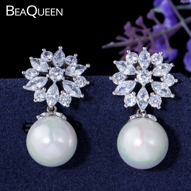 Женские серьги с жемчугом BeaQueen большими каплевидными жемчужинами и кубическим