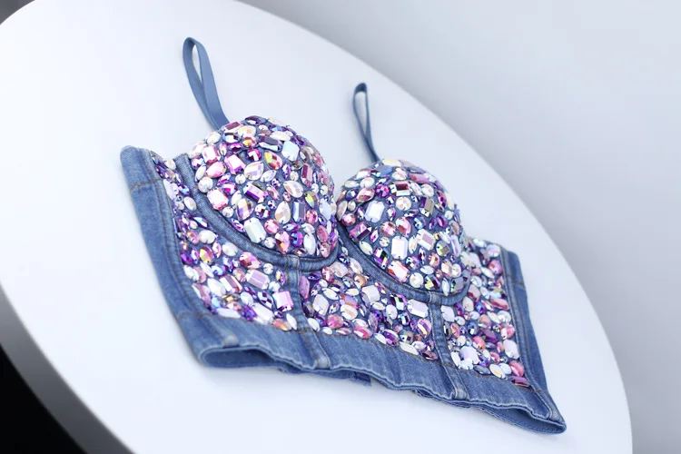 

Women's Denim Patchwork Spaghetti Strap Summer Short Tops Sexy Beaded Backless Wrapped Sleeveless Streetwear Women Tops