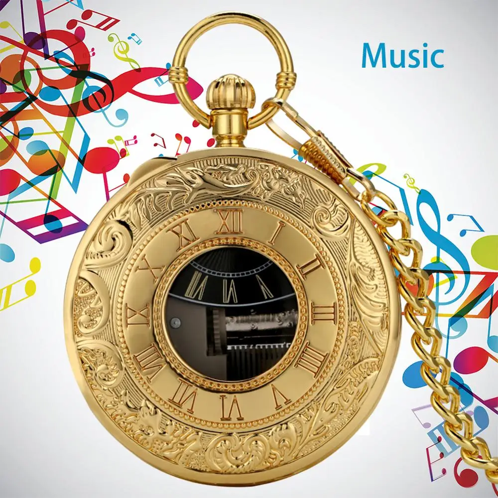 Golden Male Music Pocket Watch Retro Roman Numeral Dial Pocket Watch Wonderful Swan Lake Music Thick Chain Pendant New Year Gift