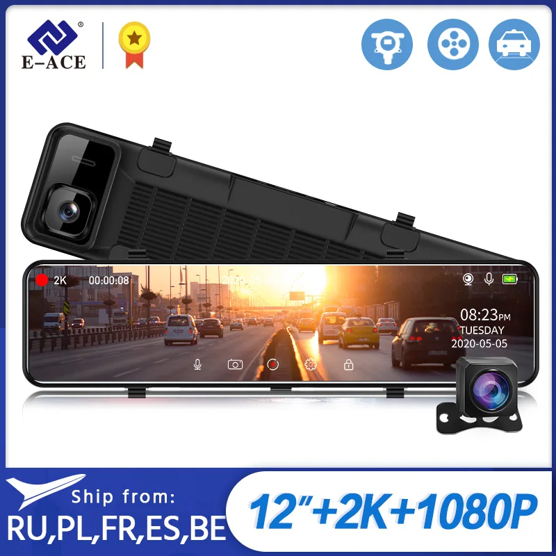E ACE A46 2K Автомобильное зеркало заднего вида Dvr 12 дюймовое с 1440P тире камера двумя
