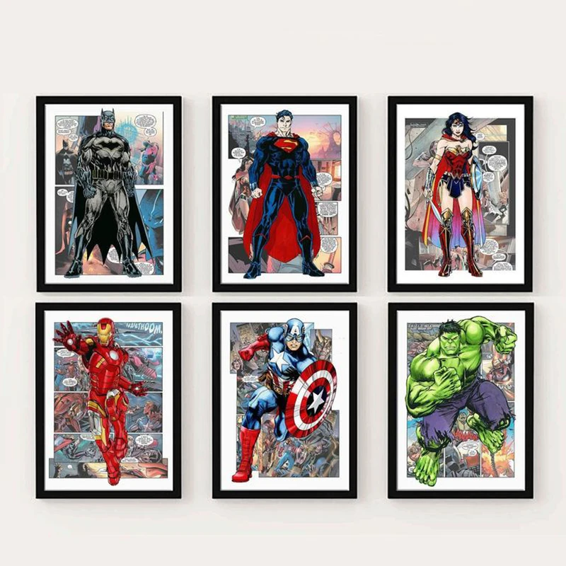 

Marvel Poster Anime Superheroes Art Print with Comics Background Hulk Captain America Wall Art Poster Nursery Room Wall Decor