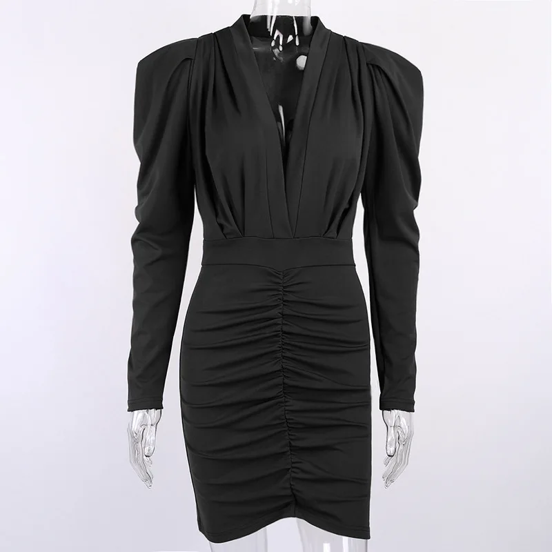 

2021 Spring and Autumn Dress Ladies New Casual Full-sleeved Sexy Deep V-neck Pleated Solid Color Straight Knee Bag Hip Dress