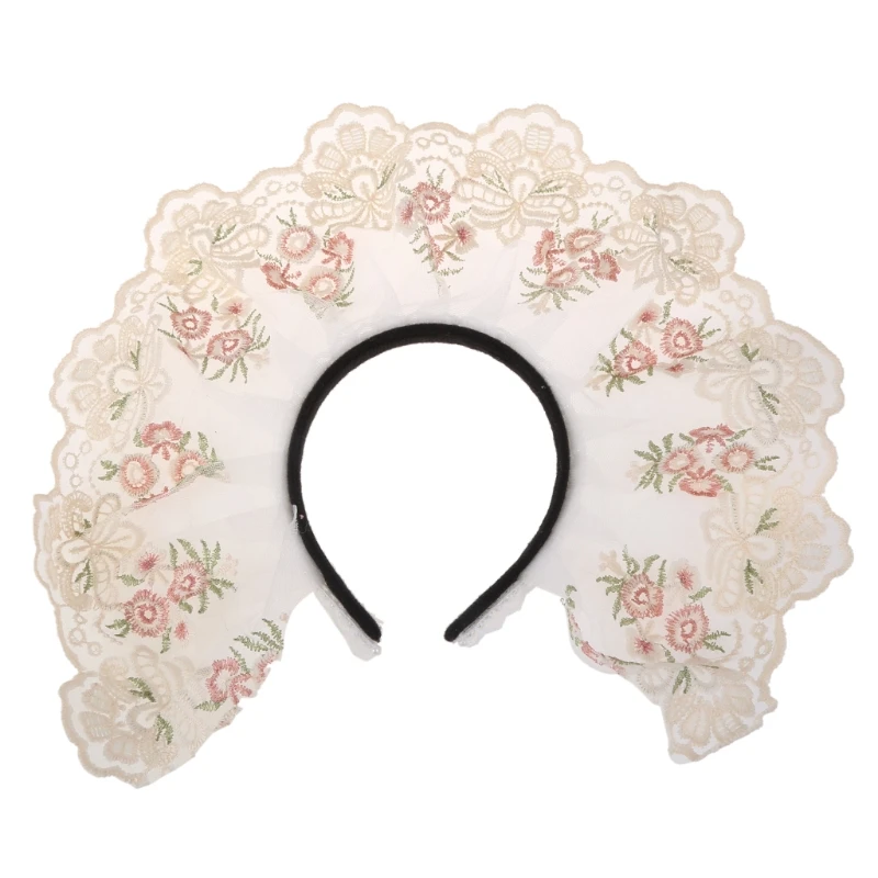 

Women Mesh Lace Hair Hoop Embroidery Floral Headband Handmade Lolita Cosplay Props Maid Anime Headdress Accessories