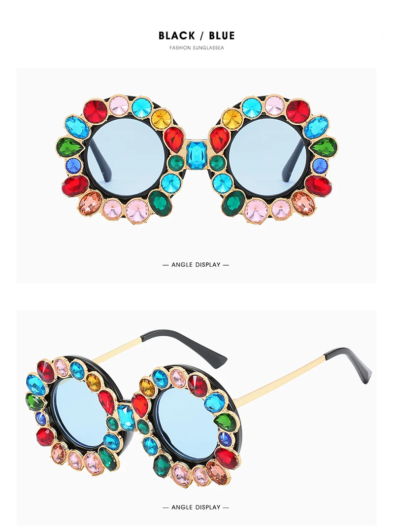 FU E Gorgeous Women Sunglasses Crystal Diamond Handmade Round Eyewear UV400 Mirror Lens Flower Design Summer Sun Glasses