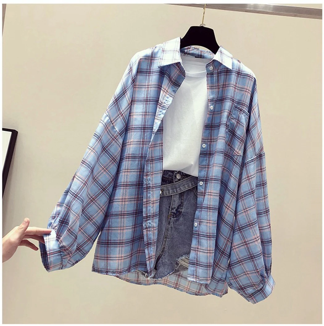 Мода 2019 Корейская верхняя одежда в стиле преппи свободное женская рубашка клетку